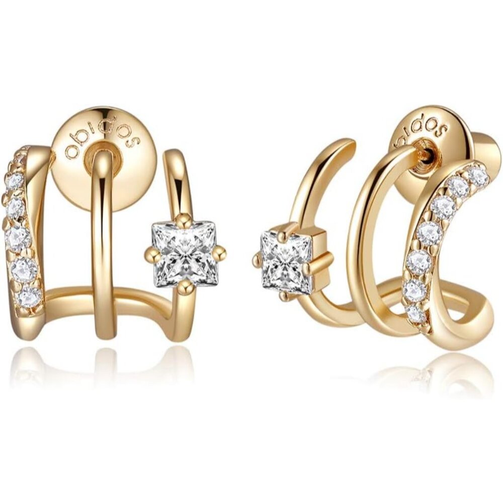 14k Gold Plated Illusion Stud Earrings For Women | Triple Huggie Hoop Earrings F